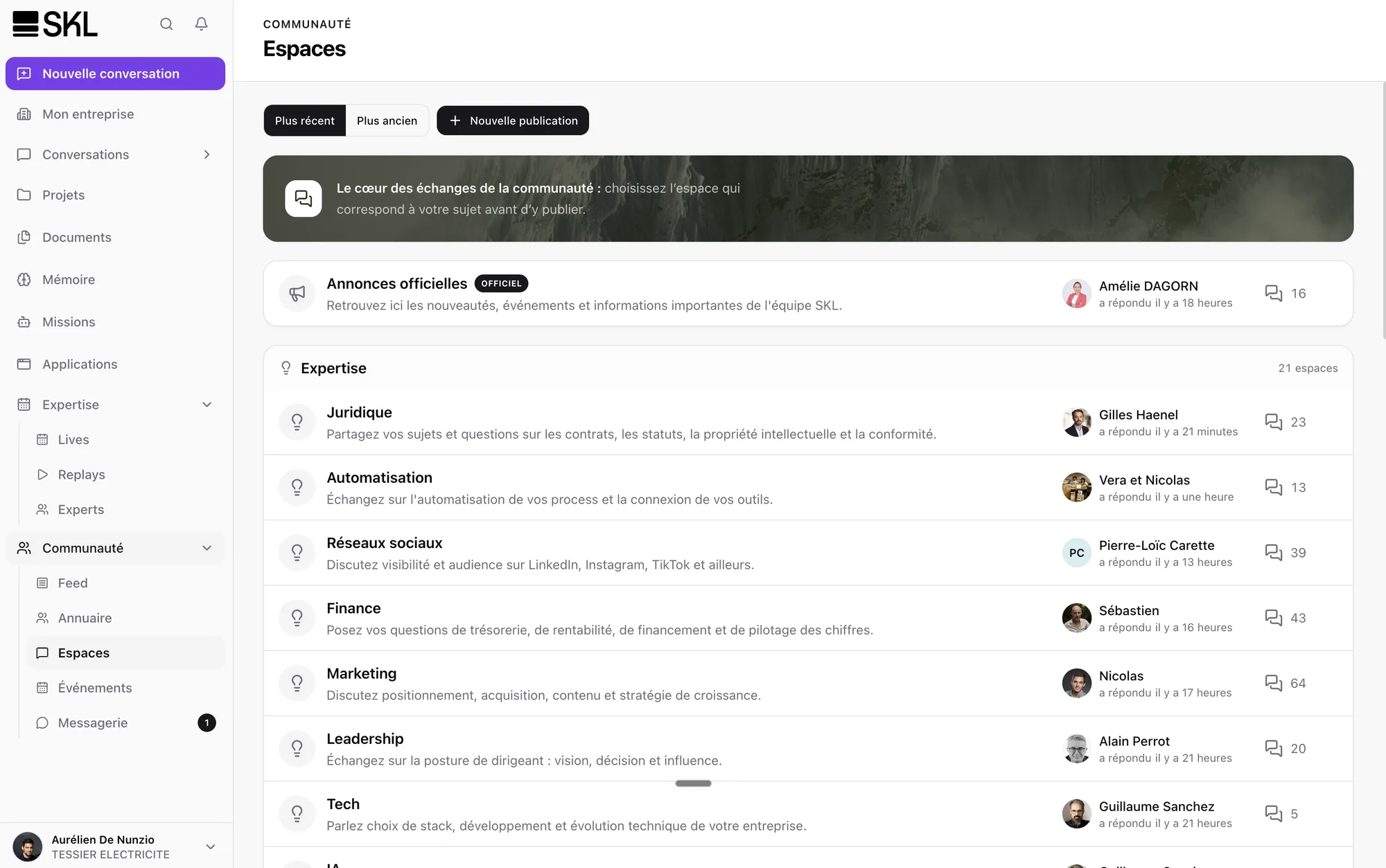 Les espaces de discussion SKL — annonces officielles, juridique, finance, marketing, leadership… — avec le dernier membre à avoir répondu et le nombre de fils de chacun